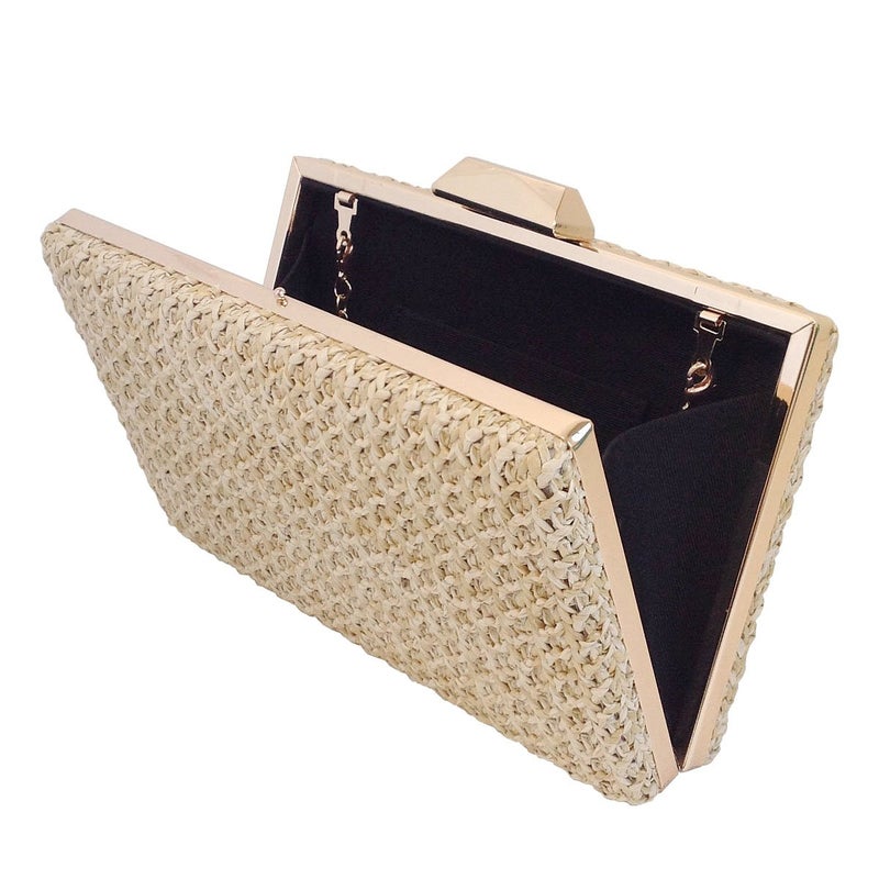 JNB Natural Straw Box Clutch, Natural Medium - Image 4